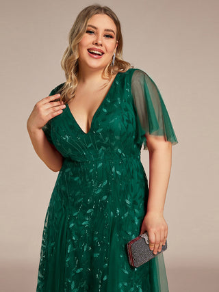 Short Sleeve Ruffle Sequin Deep V-Neck A-Line Floor Length Evening Dresses