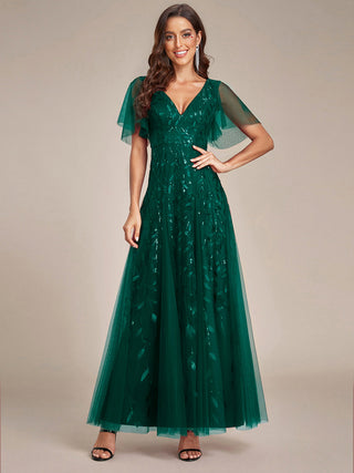 Short Sleeve Ruffle Sequin Deep V-Neck A-Line Floor Length Evening Dresses