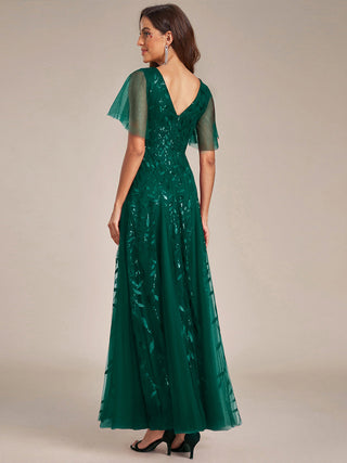 Short Sleeve Ruffle Sequin Deep V-Neck A-Line Floor Length Evening Dresses