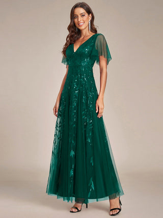 Short Sleeve Ruffle Sequin Deep V-Neck A-Line Floor Length Evening Dresses