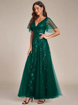 Short Sleeve Ruffle Sequin Deep V-Neck A-Line Floor Length Evening Dresses