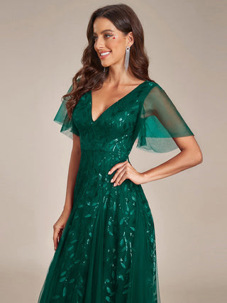 Short Sleeve Ruffle Sequin Deep V-Neck A-Line Floor Length Evening Dresses