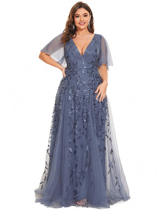 Short Sleeve Ruffle Sequin Deep V-Neck A-Line Floor Length Evening Dresses