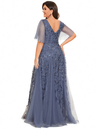 Short Sleeve Ruffle Sequin Deep V-Neck A-Line Floor Length Evening Dresses