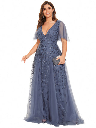 Short Sleeve Ruffle Sequin Deep V-Neck A-Line Floor Length Evening Dresses