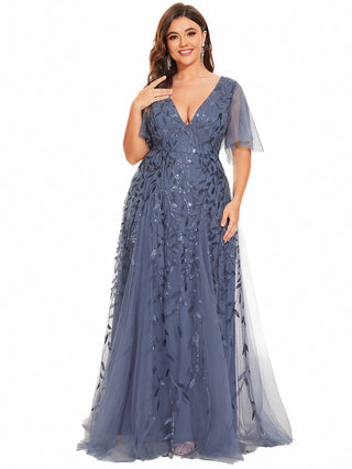 Short Sleeve Ruffle Sequin Deep V-Neck A-Line Floor Length Evening Dresses
