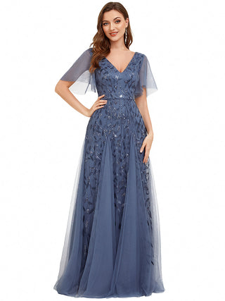 Short Sleeve Ruffle Sequin Deep V-Neck A-Line Floor Length Evening Dresses