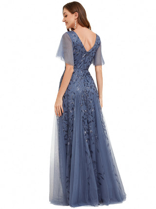 Short Sleeve Ruffle Sequin Deep V-Neck A-Line Floor Length Evening Dresses