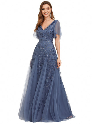Short Sleeve Ruffle Sequin Deep V-Neck A-Line Floor Length Evening Dresses
