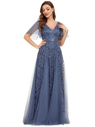 Short Sleeve Ruffle Sequin Deep V-Neck A-Line Floor Length Evening Dresses