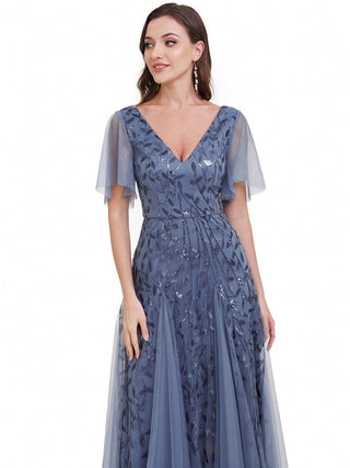 Short Sleeve Ruffle Sequin Deep V-Neck A-Line Floor Length Evening Dresses