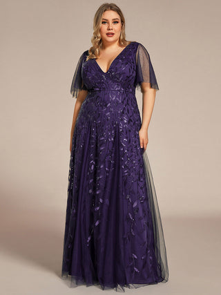 Short Sleeve Ruffle Sequin Deep V-Neck A-Line Floor Length Evening Dresses