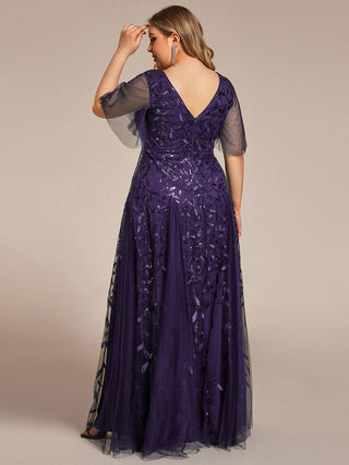 Short Sleeve Ruffle Sequin Deep V-Neck A-Line Floor Length Evening Dresses