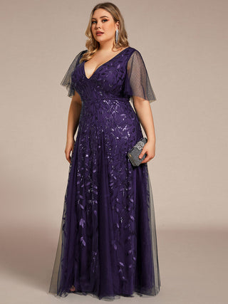 Short Sleeve Ruffle Sequin Deep V-Neck A-Line Floor Length Evening Dresses
