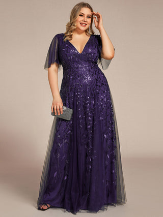 Short Sleeve Ruffle Sequin Deep V-Neck A-Line Floor Length Evening Dresses