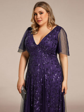 Short Sleeve Ruffle Sequin Deep V-Neck A-Line Floor Length Evening Dresses