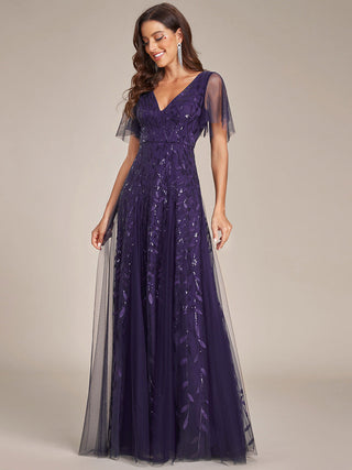 Short Sleeve Ruffle Sequin Deep V-Neck A-Line Floor Length Evening Dresses