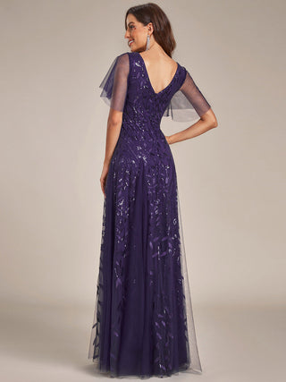 Short Sleeve Ruffle Sequin Deep V-Neck A-Line Floor Length Evening Dresses