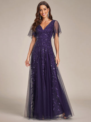 Short Sleeve Ruffle Sequin Deep V-Neck A-Line Floor Length Evening Dresses