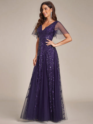 Short Sleeve Ruffle Sequin Deep V-Neck A-Line Floor Length Evening Dresses
