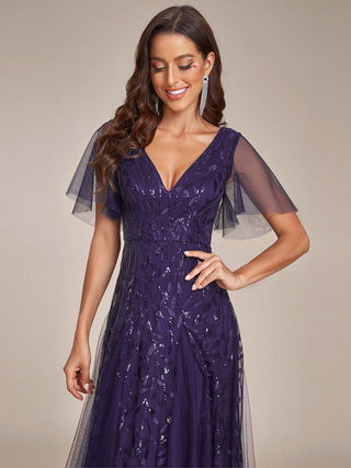 Short Sleeve Ruffle Sequin Deep V-Neck A-Line Floor Length Evening Dresses
