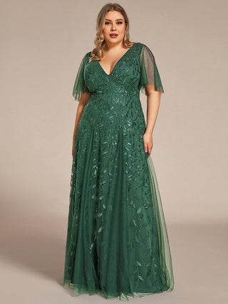 Short Sleeve Ruffle Sequin Deep V-Neck A-Line Floor Length Evening Dresses
