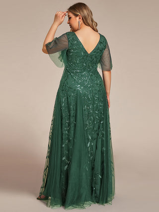Short Sleeve Ruffle Sequin Deep V-Neck A-Line Floor Length Evening Dresses