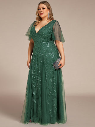 Short Sleeve Ruffle Sequin Deep V-Neck A-Line Floor Length Evening Dresses