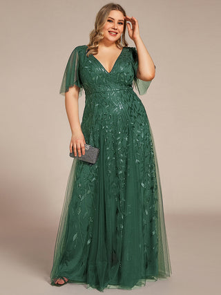Short Sleeve Ruffle Sequin Deep V-Neck A-Line Floor Length Evening Dresses