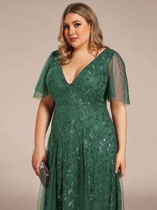 Short Sleeve Ruffle Sequin Deep V-Neck A-Line Floor Length Evening Dresses
