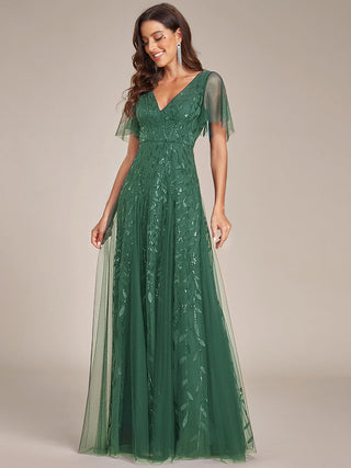 Short Sleeve Ruffle Sequin Deep V-Neck A-Line Floor Length Evening Dresses