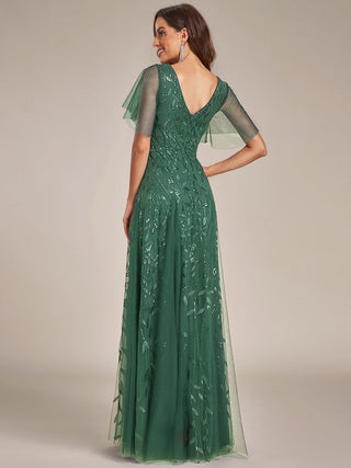 Short Sleeve Ruffle Sequin Deep V-Neck A-Line Floor Length Evening Dresses