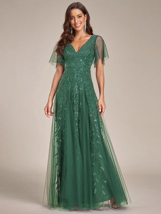 Short Sleeve Ruffle Sequin Deep V-Neck A-Line Floor Length Evening Dresses