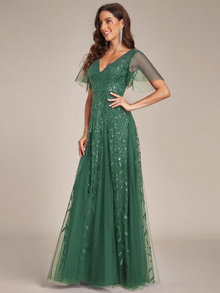 Short Sleeve Ruffle Sequin Deep V-Neck A-Line Floor Length Evening Dresses