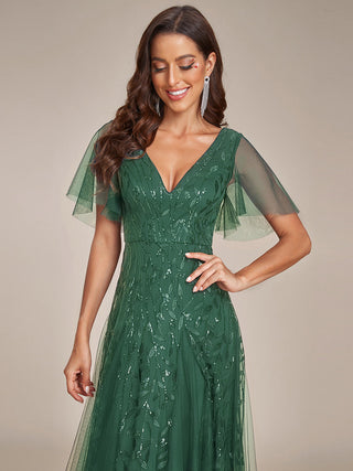 Short Sleeve Ruffle Sequin Deep V-Neck A-Line Floor Length Evening Dresses