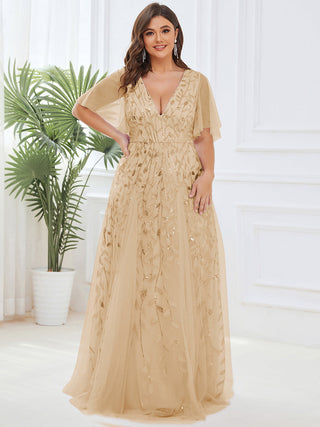 Short Sleeve Ruffle Sequin Deep V-Neck A-Line Floor Length Evening Dresses