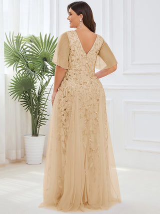 Short Sleeve Ruffle Sequin Deep V-Neck A-Line Floor Length Evening Dresses