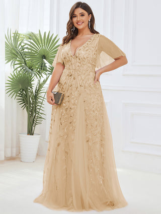 Short Sleeve Ruffle Sequin Deep V-Neck A-Line Floor Length Evening Dresses