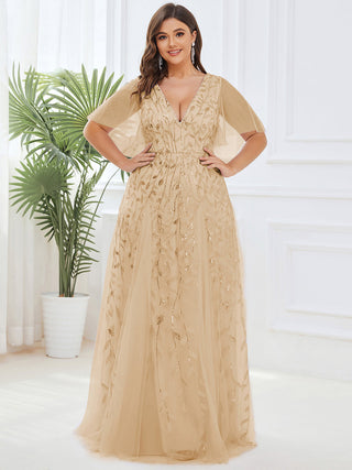 Short Sleeve Ruffle Sequin Deep V-Neck A-Line Floor Length Evening Dresses