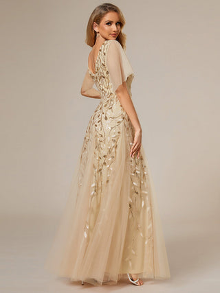 Short Sleeve Ruffle Sequin Deep V-Neck A-Line Floor Length Evening Dresses