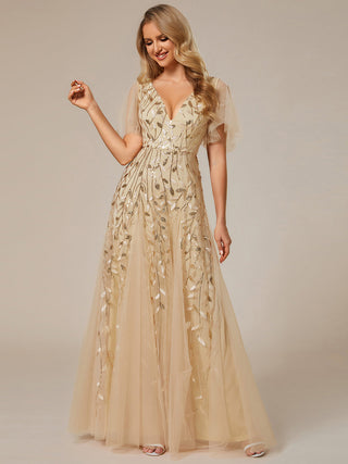 Short Sleeve Ruffle Sequin Deep V-Neck A-Line Floor Length Evening Dresses