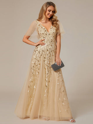 Short Sleeve Ruffle Sequin Deep V-Neck A-Line Floor Length Evening Dresses