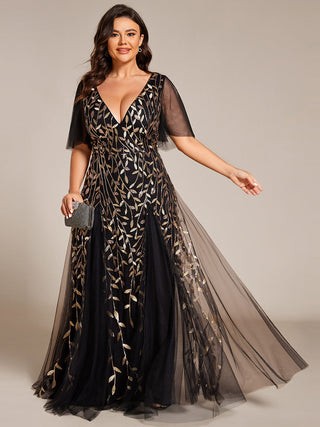 Short Sleeve Ruffle Sequin Deep V-Neck A-Line Floor Length Evening Dresses