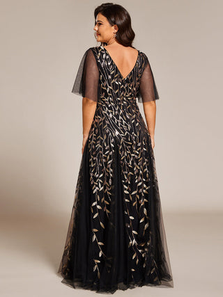 Short Sleeve Ruffle Sequin Deep V-Neck A-Line Floor Length Evening Dresses
