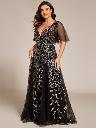 Short Sleeve Ruffle Sequin Deep V-Neck A-Line Floor Length Evening Dresses