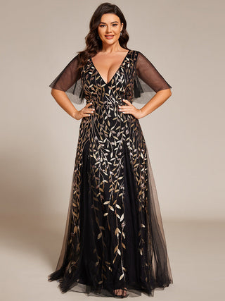 Short Sleeve Ruffle Sequin Deep V-Neck A-Line Floor Length Evening Dresses