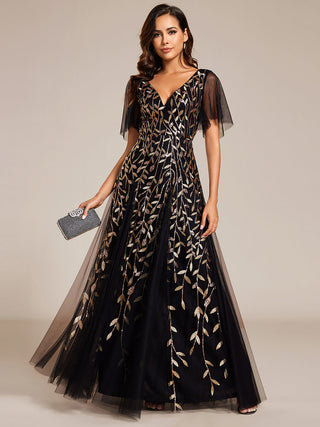 Short Sleeve Ruffle Sequin Deep V-Neck A-Line Floor Length Evening Dresses