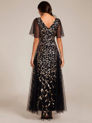 Short Sleeve Ruffle Sequin Deep V-Neck A-Line Floor Length Evening Dresses