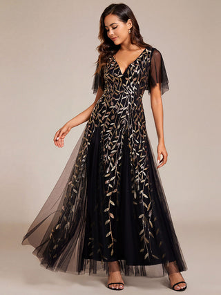 Short Sleeve Ruffle Sequin Deep V-Neck A-Line Floor Length Evening Dresses
