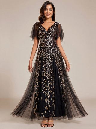 Short Sleeve Ruffle Sequin Deep V-Neck A-Line Floor Length Evening Dresses